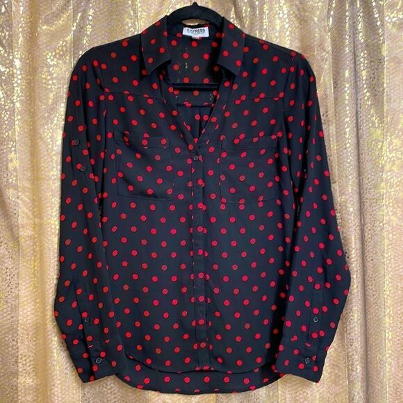 Express black/red polkadot portifino button down blouse, size XS slim - Picture 1 of 4